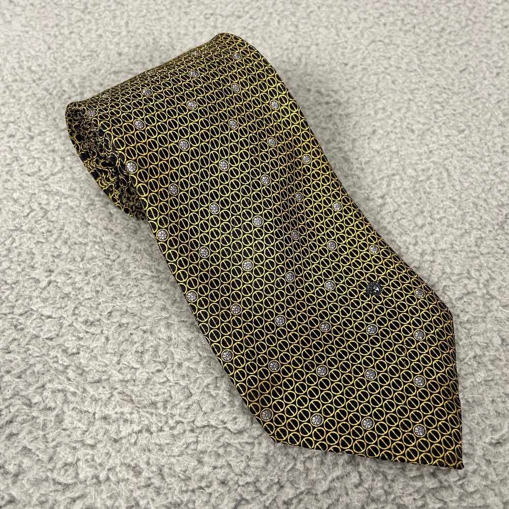 Vintage Gianni Versace Silk Tie‎ Medusa Head Luxury Geometric Yellow 57x3.5 in
